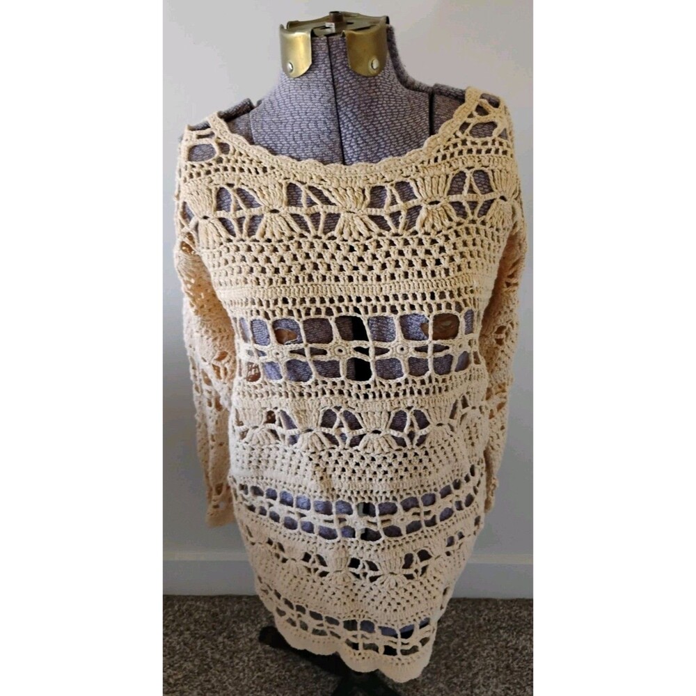Vtg Boho Crochet Tunic Sweater Women's Cotton 3/4 Sleeve Pullover Cream M/L